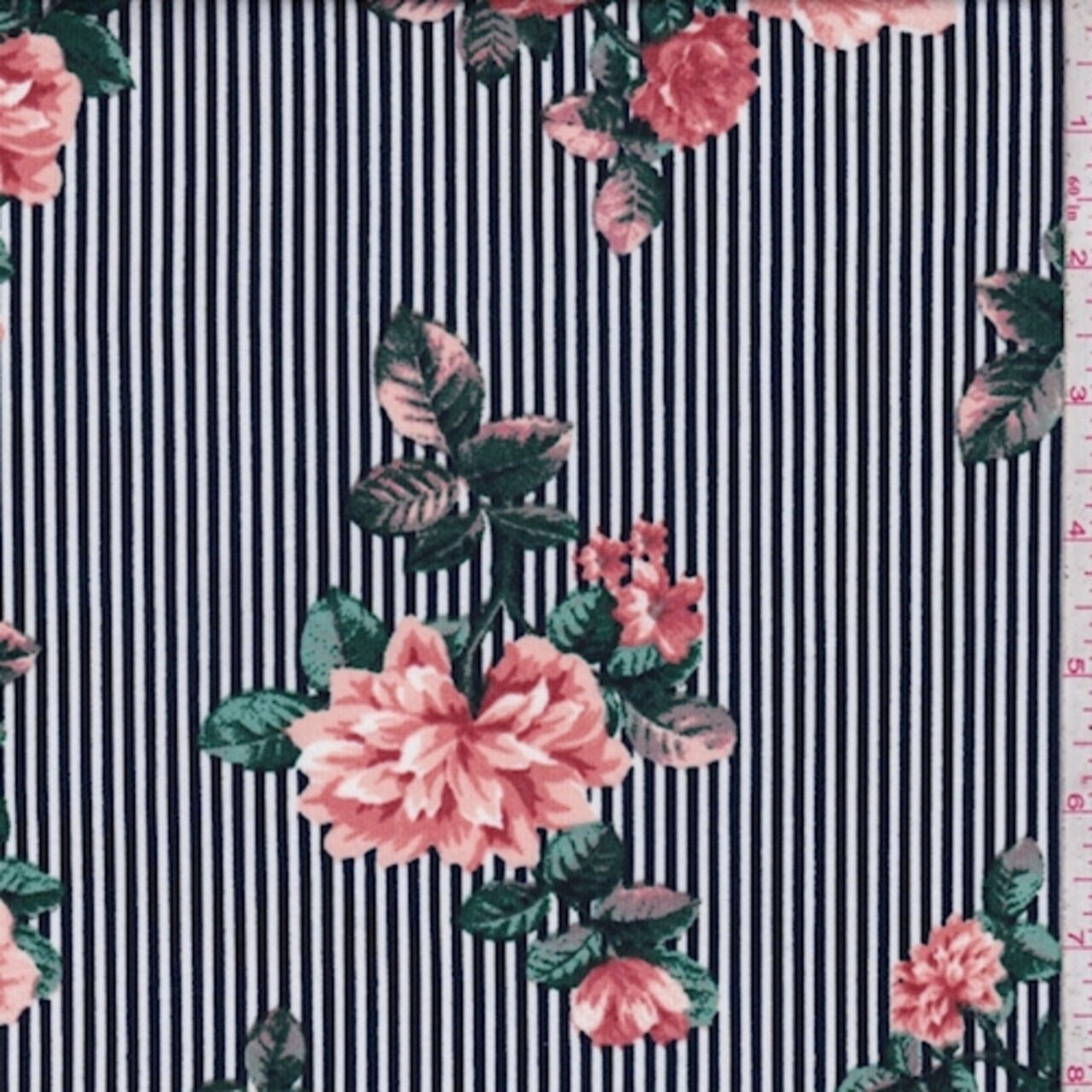 ITY White/Black/Pink Floral Pinstripe Jersey Knit Fabric By the Yard